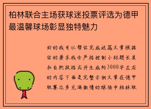 柏林联合主场获球迷投票评选为德甲最温馨球场彰显独特魅力