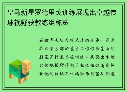 皇马新星罗德里戈训练展现出卓越传球视野获教练组称赞 皇马新星罗德里戈训练展现出卓越传球视野获教练组称赞